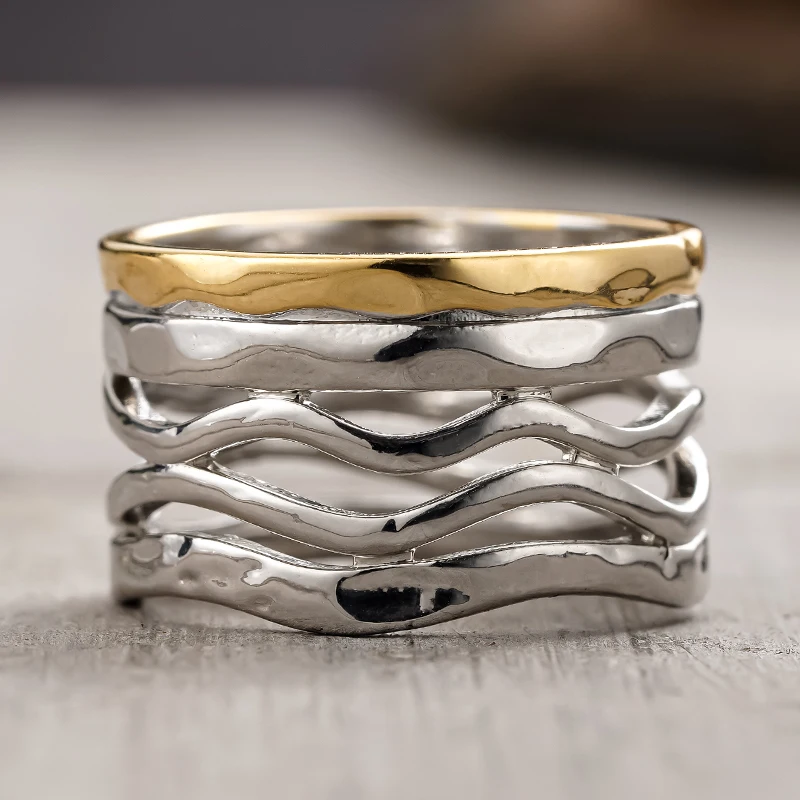 Huitan Simple Two Tone Ring for Women Hollow Design Vintage Party Daily Versatile Metal Accessories Fashion Distressed Jewelry