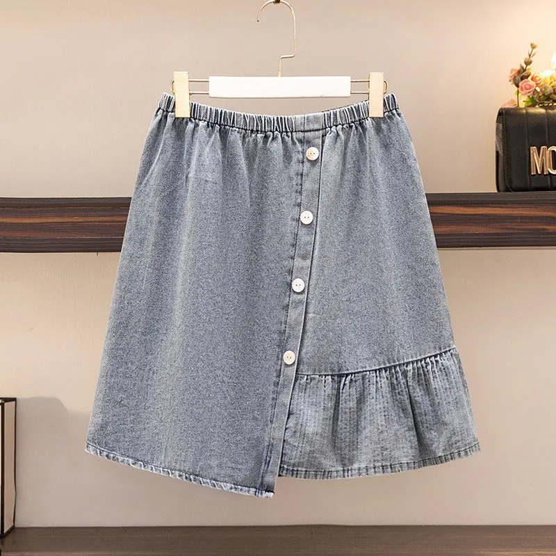 150Kg Plus Size Women\'s Summer High Waist Slim Denim Skirt Loose Pleated A-line Skirt Blue Hip 152 5XL 6XL 7XL 8XL 9XL