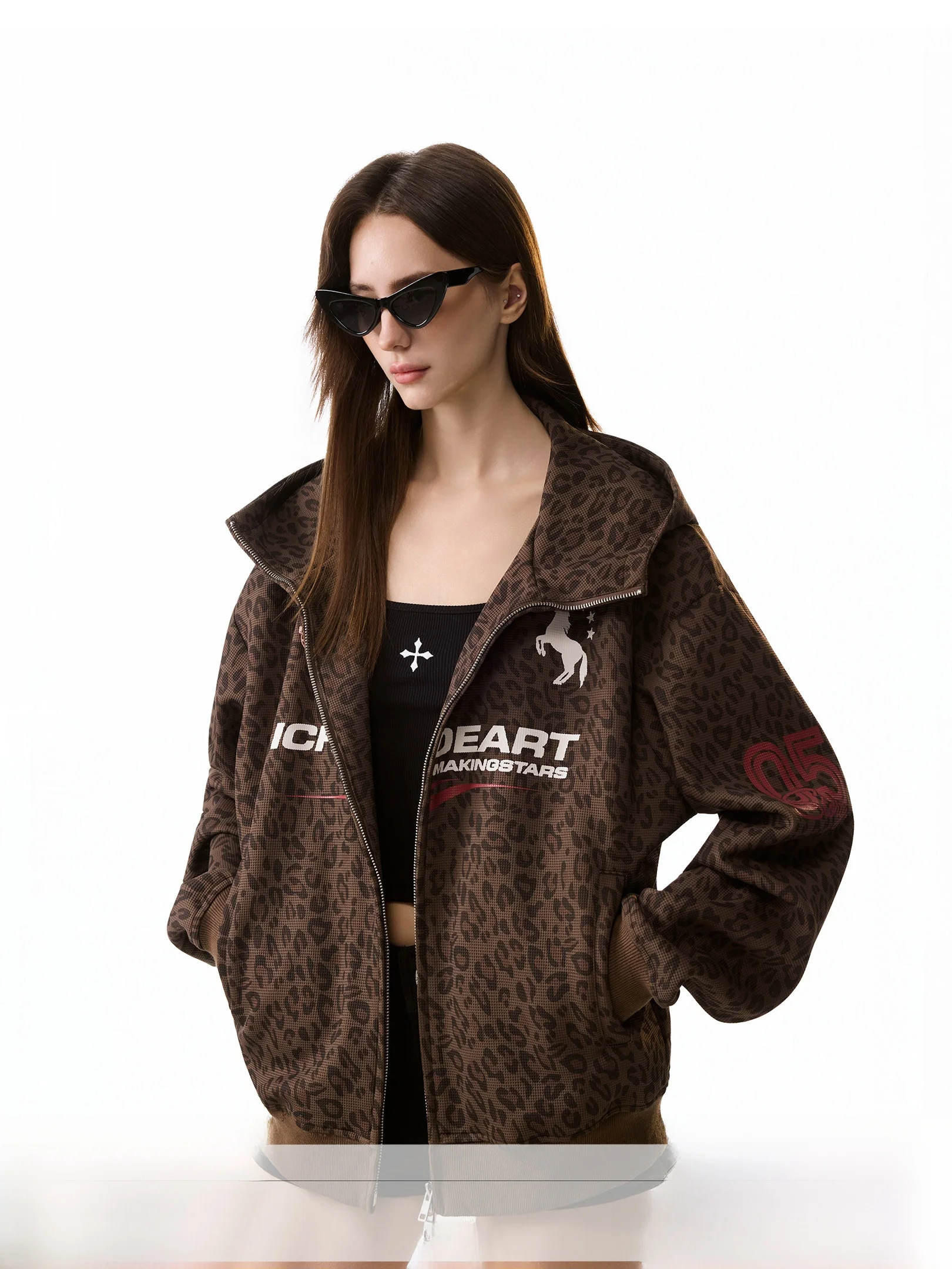 Loose Women's Hooded Cardigan Jacket Leopard Print Racing Jacket Casual Style Standard Fit Cotton Polyester Blend Zipper Closure