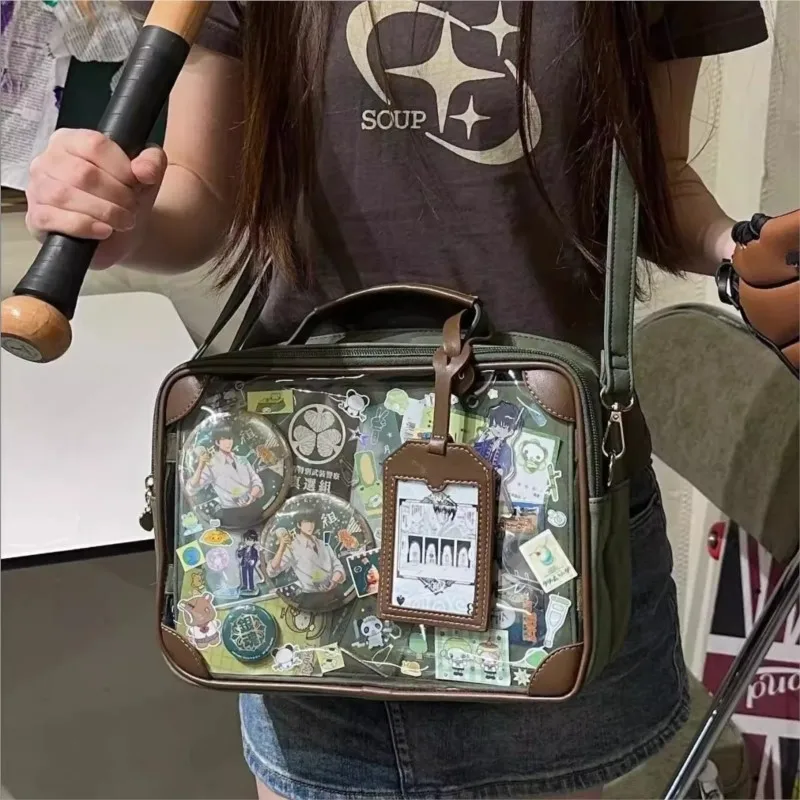 

Retro Harajuku Tote Bag Women Transparent Anime Badge Square Shoulder Bag Ladies Portable Travel Large Capacity Crossbody Bags