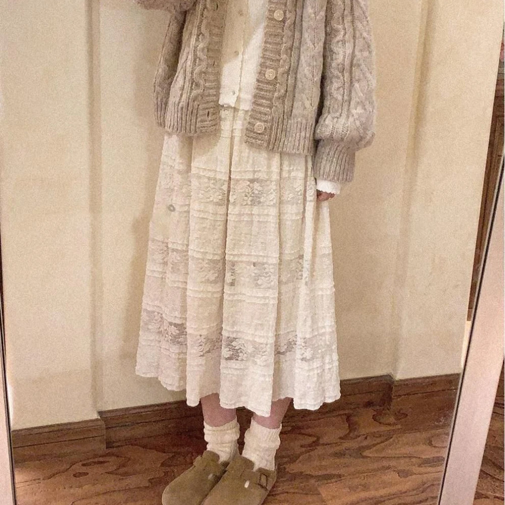 

Модная юбка Кружевная юбка Маленькая юбка обычной длины с однотонным узором Женская юбка Элегантная повседневная одежда Винтажная юбка