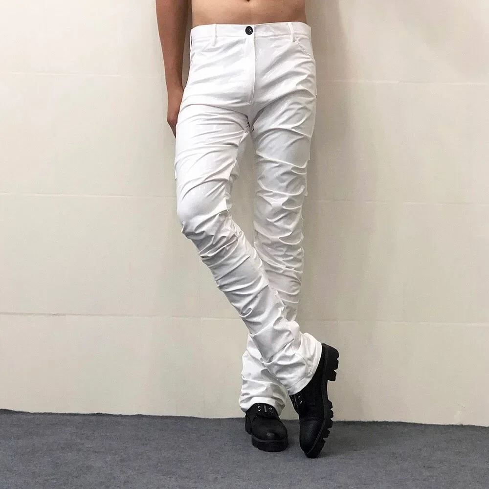 

Men's PVC Trousers Wet Look Glossy Patent Leather Pants Male Punk Stretach Bodycon PU Pleated Pencil Pants Clubwear Custom