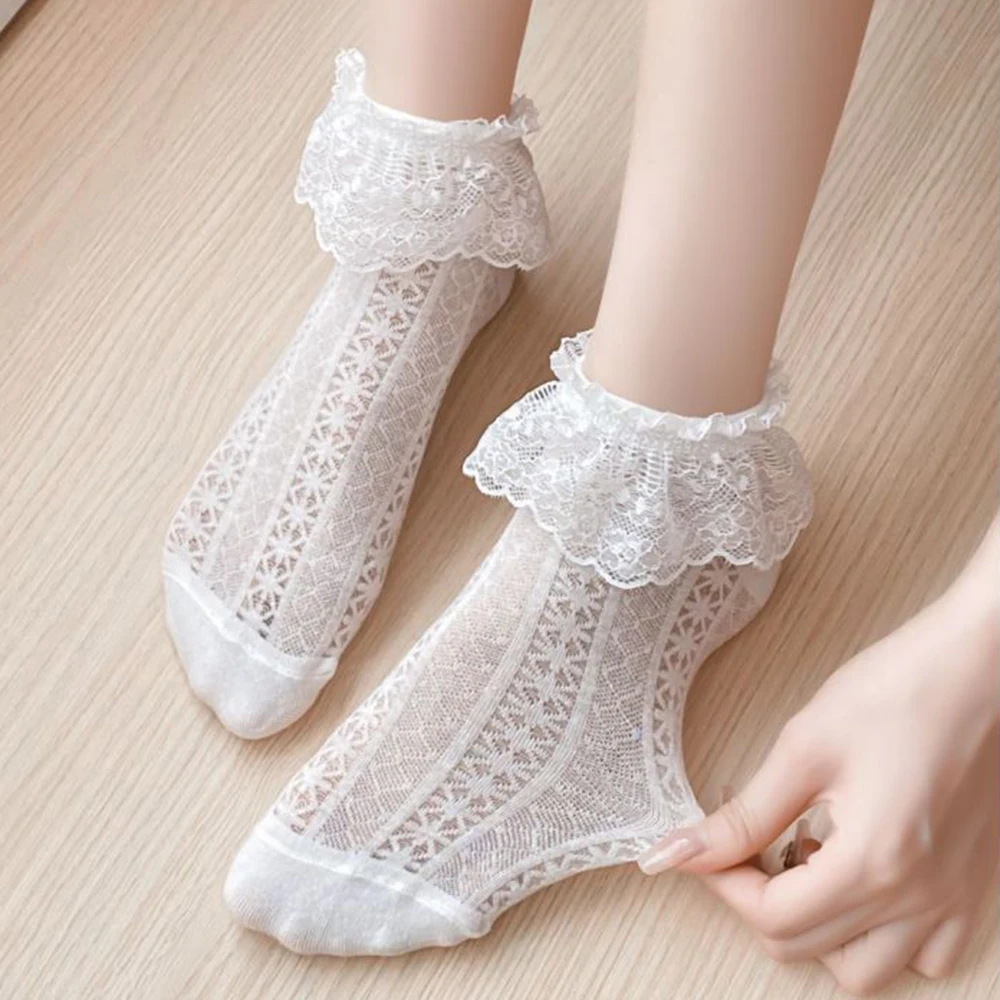 4 Pair Cute Lolita Lace Edge Socks Women Fashion Bow Mesh Breathable Cool Socks Set Korean Style Sexy Fishnet Spring Summer New