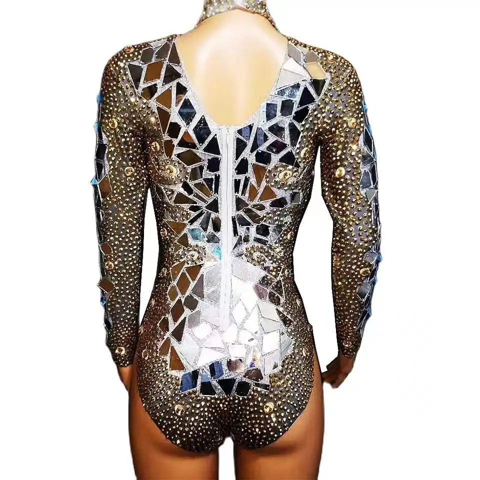 Gold Rhinestones Mirrors Shining Bodysuit Singer Stage dance costume Women Birthday Celebrity Prom Party sparkly Outfit