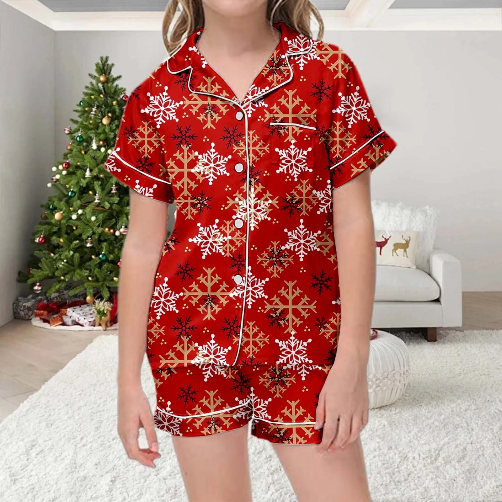 Christmas Gift Print Short Sleeve Button Closure Top With Shorts 2 Pieces Sleepwear Uniform Baby Girl Christmas Satin Pajama Set