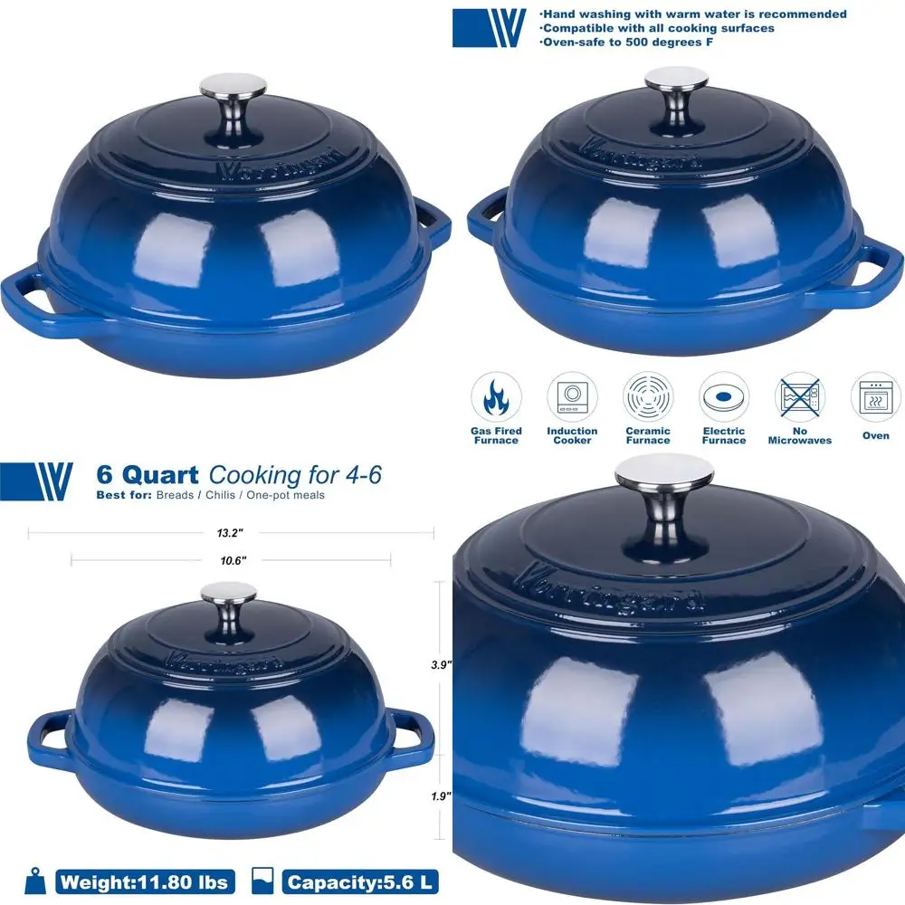 

6-Quart Blue Enamel Cast Iron Dutch Oven with Lid, Perfect for Sourdough Bread Baking and Proofing