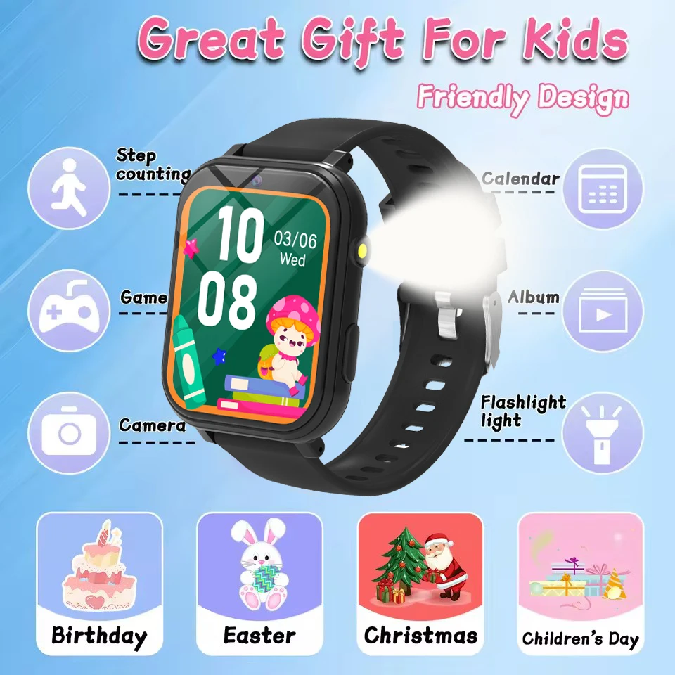 

Детские умные часы с монитором сна, HD сенсорный экран, 18 игр, фонарик, сигнализация, студенческие учебы, спортивные часы для мальчиков и девочек, подарки