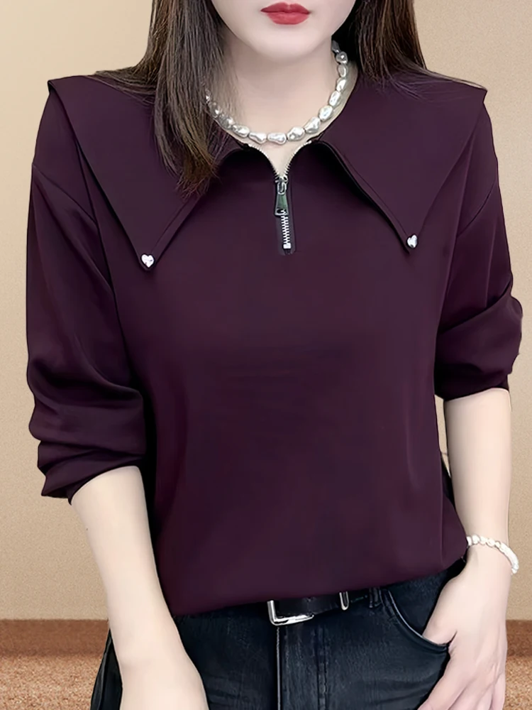 Minceur Long Sve T-irt femmes Faion Design f fermeture éclair automne nouveauté trajet Sle coréen coupe ample couleur Pure