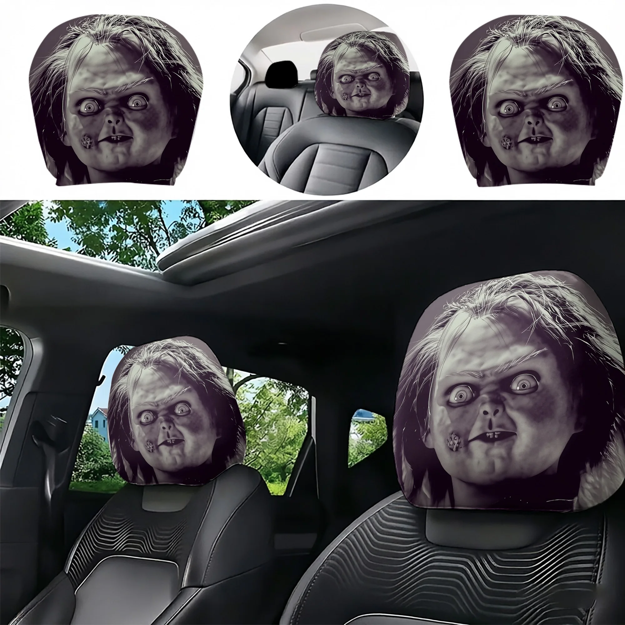 2pcs Car Headrest Covers Featuring a Creepy doll Design, Adding a Touch of Eerie Atmosphere to Your Car’s Interior. Filling Not