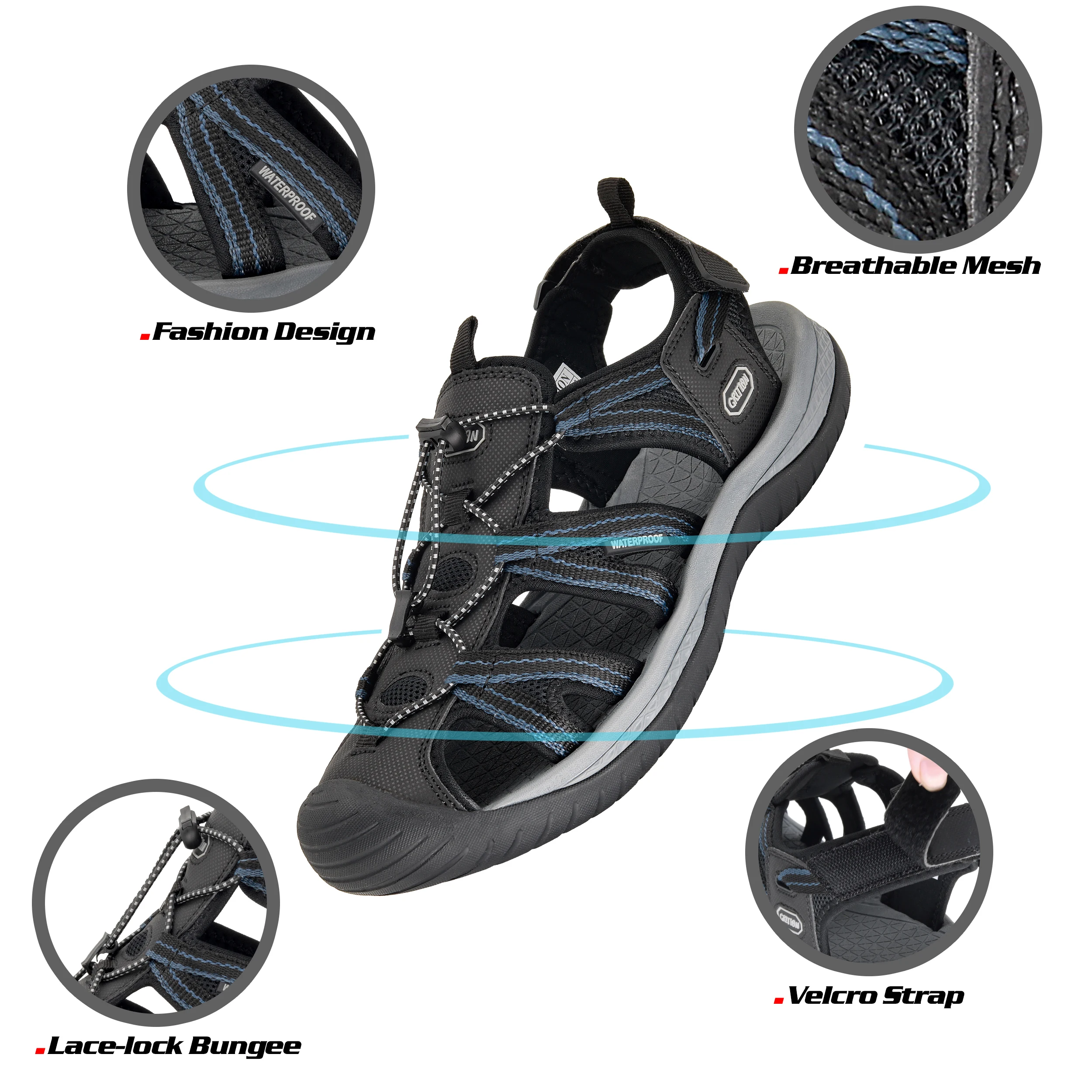 GRITION Mens Summer Sport Sandals Outdoor Hiking Trekking Beach Flat Shoes Comfortable Adjustable Closed Toe Non-Slip Slippers