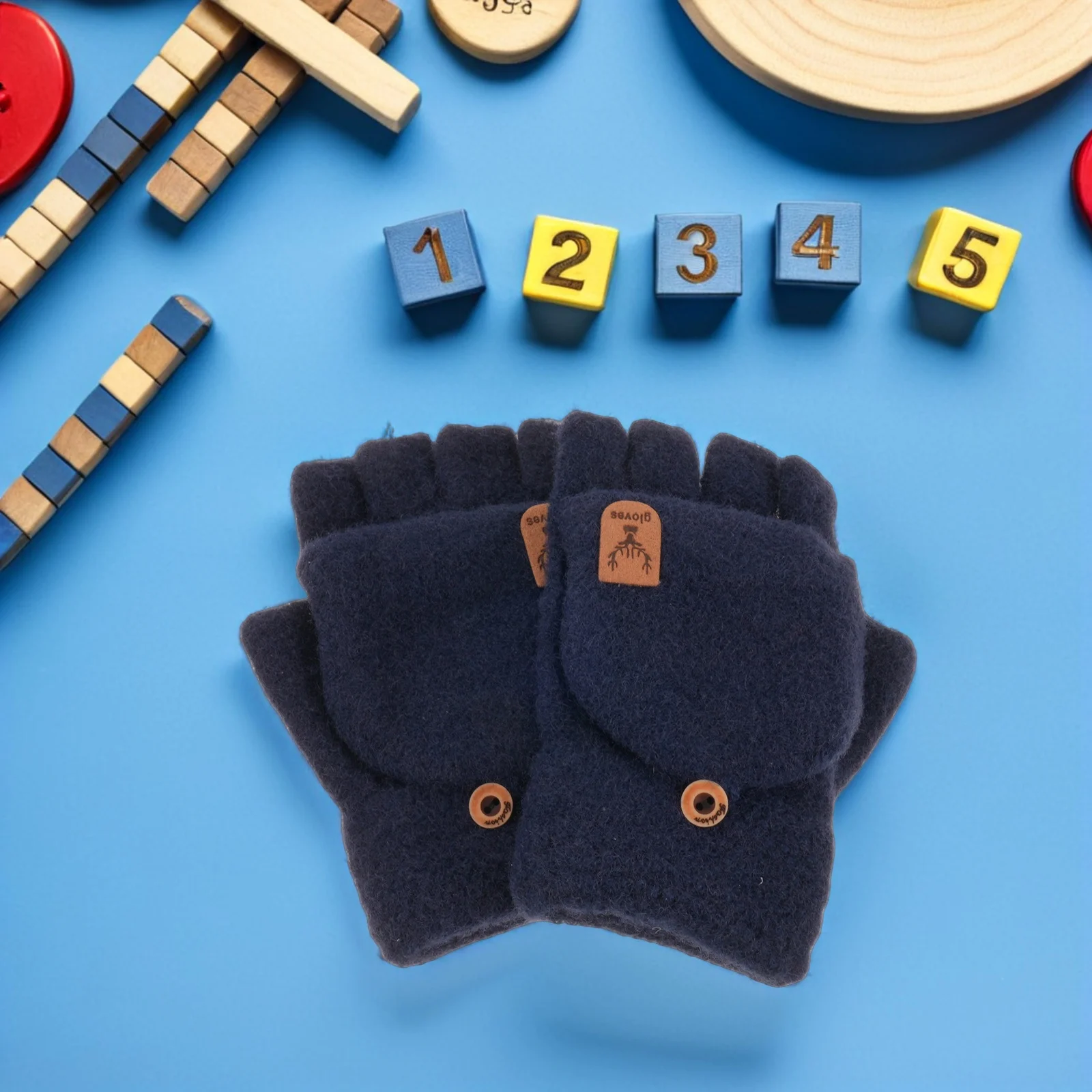 

1Pair Half Finger Knit Gloves Navy Blue Flap Cover Warm Mittens for Cold Weather Touchscreen Compatible Thermal Gloves for Men