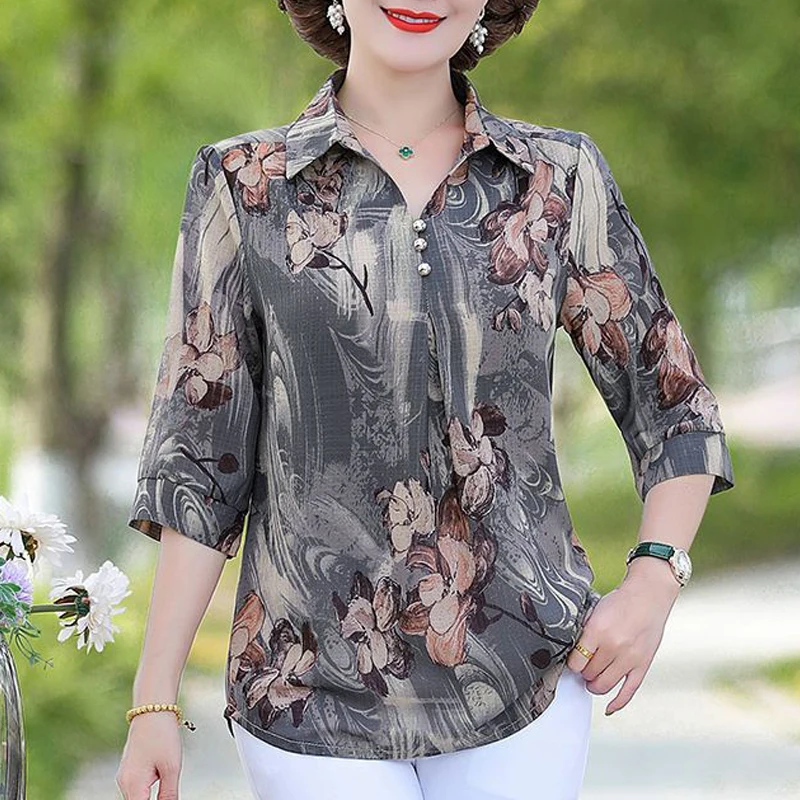 Women Floral Print Vintage Elegant Button Shirt Summer Fashion Casual Half Sleeve Loose Blouse V Neck Comfortable All Match Tops