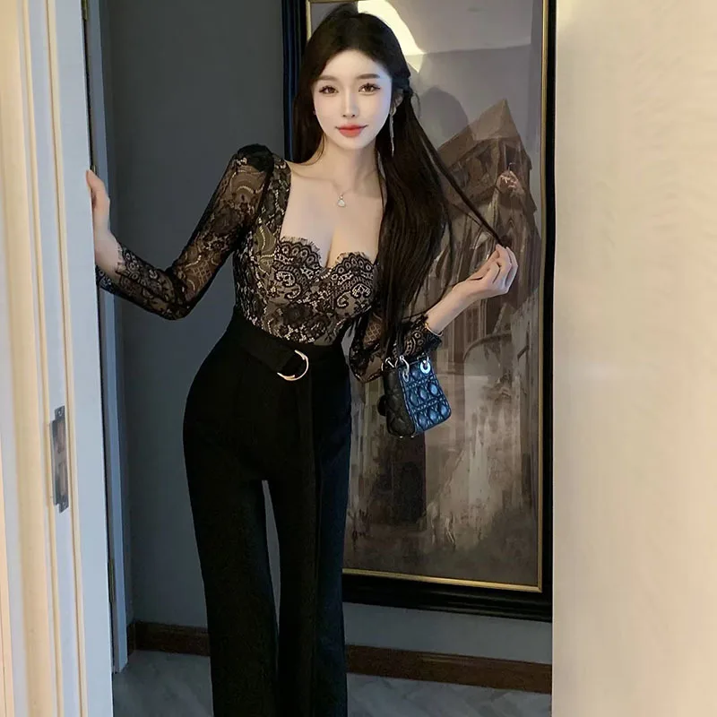 INS Europe America High Waist Long jumpsuit Autumn/Winter 2023 Temperament Lace Long Sleeve Slim High jumpsuit pants