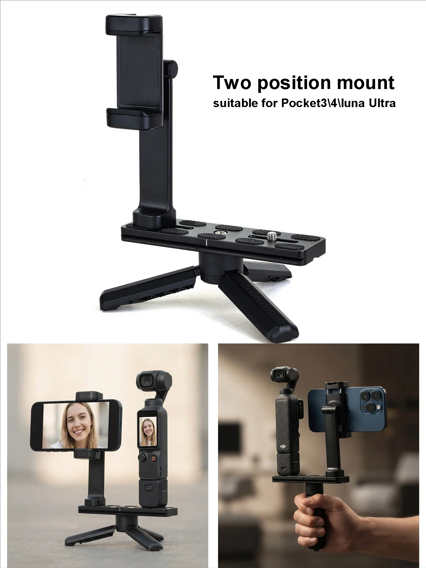 Phone aciton camera live streaming teleprompter two position mounts Pocket 4/3 Luna Ultra handhold desktop Expansion Stands