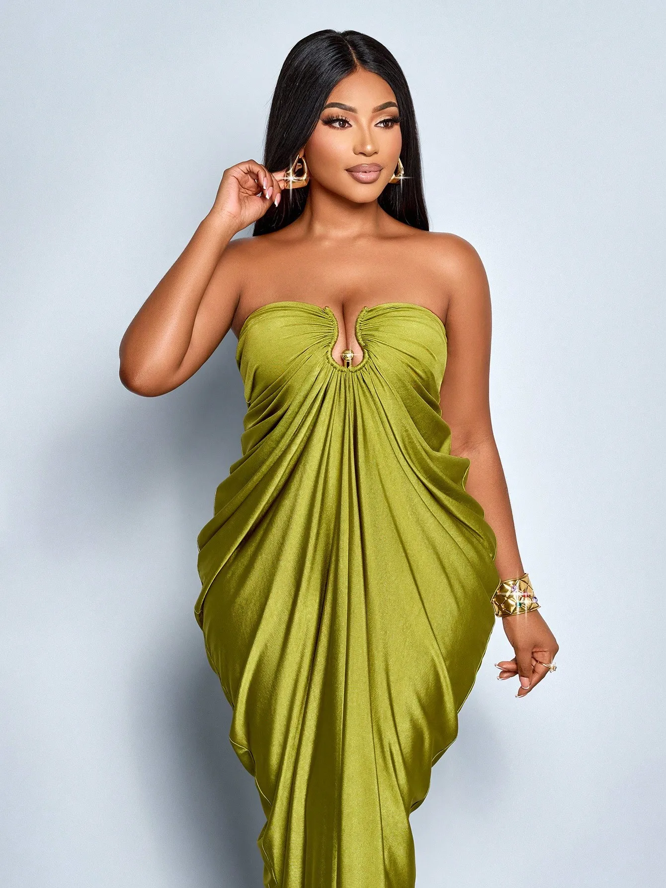 

Olive Green Strapless Ruched Maxi Dress with Metal Accent, Bodycon Cocoon Silhouette