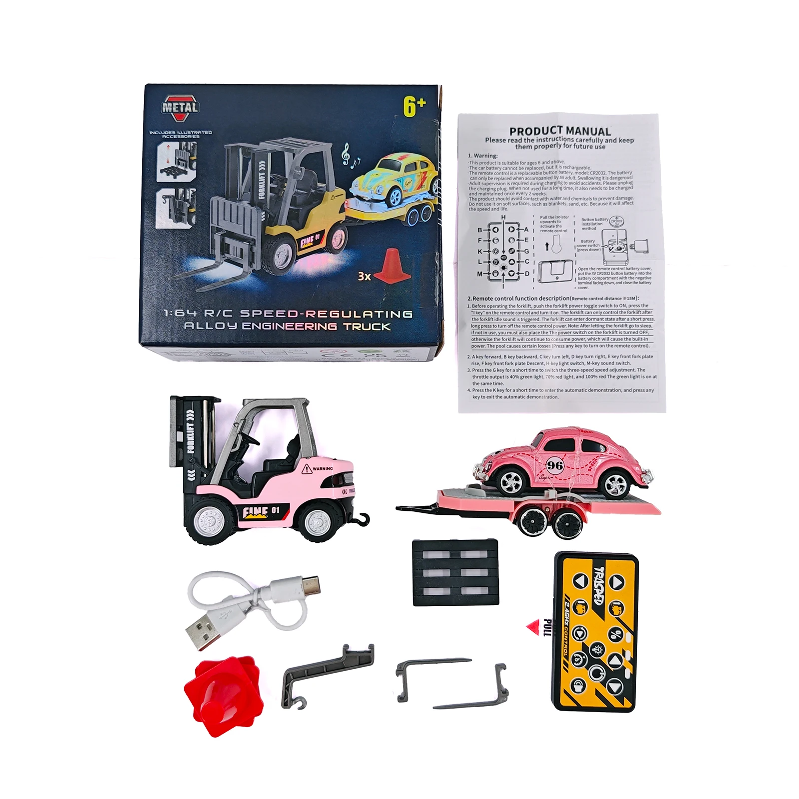 1/64 RC vorkheftruck 2-modus mini-afstandsbediening vorkheftruck 2-in-1 transformeerbare liftvork en haak met licht en geluid voor kinderen
