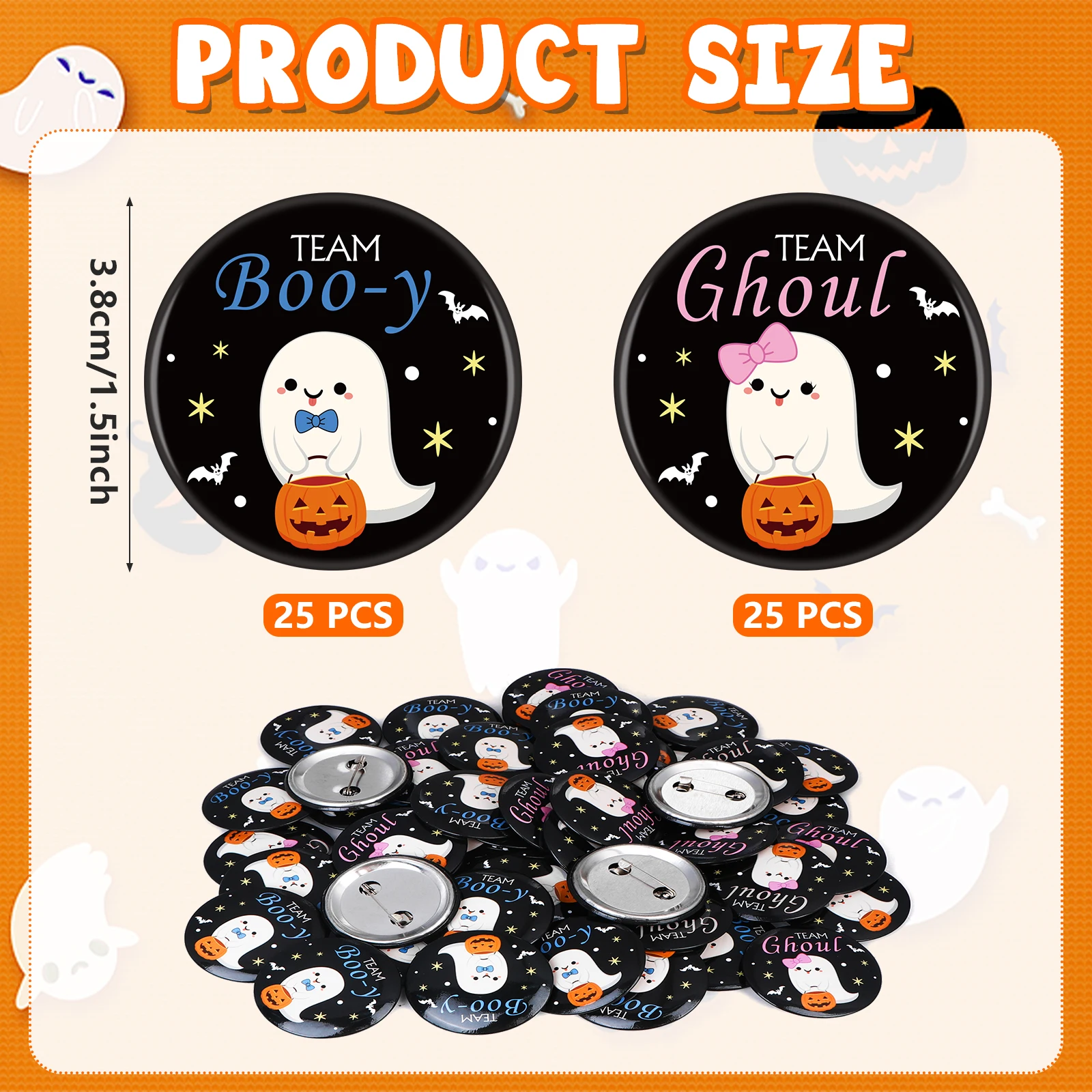 

50 PCS Booy Or Ghoul Gender Reveal Party Decorations Halloween Gender Reveal Pins 25 Team Boo-y 25 Team Ghoul For Halloween Ghos