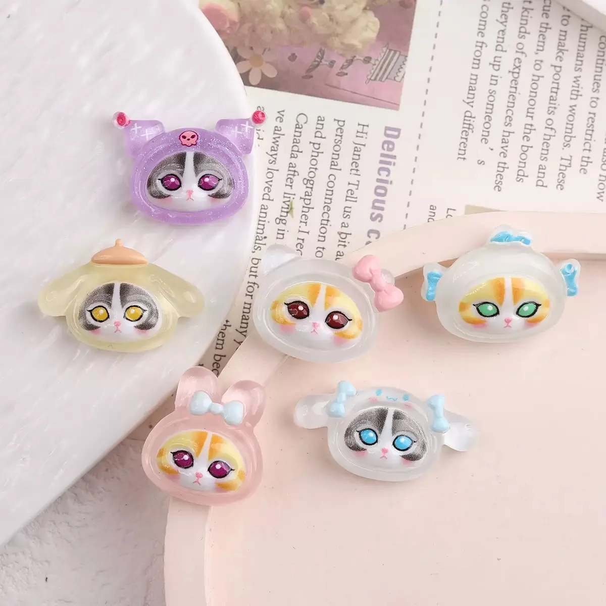 10Pcs New Cute Cartoon Animal Luminous Cat Head Resin Series Scrapbook DIY Bow Decor Accessories Crafts A135