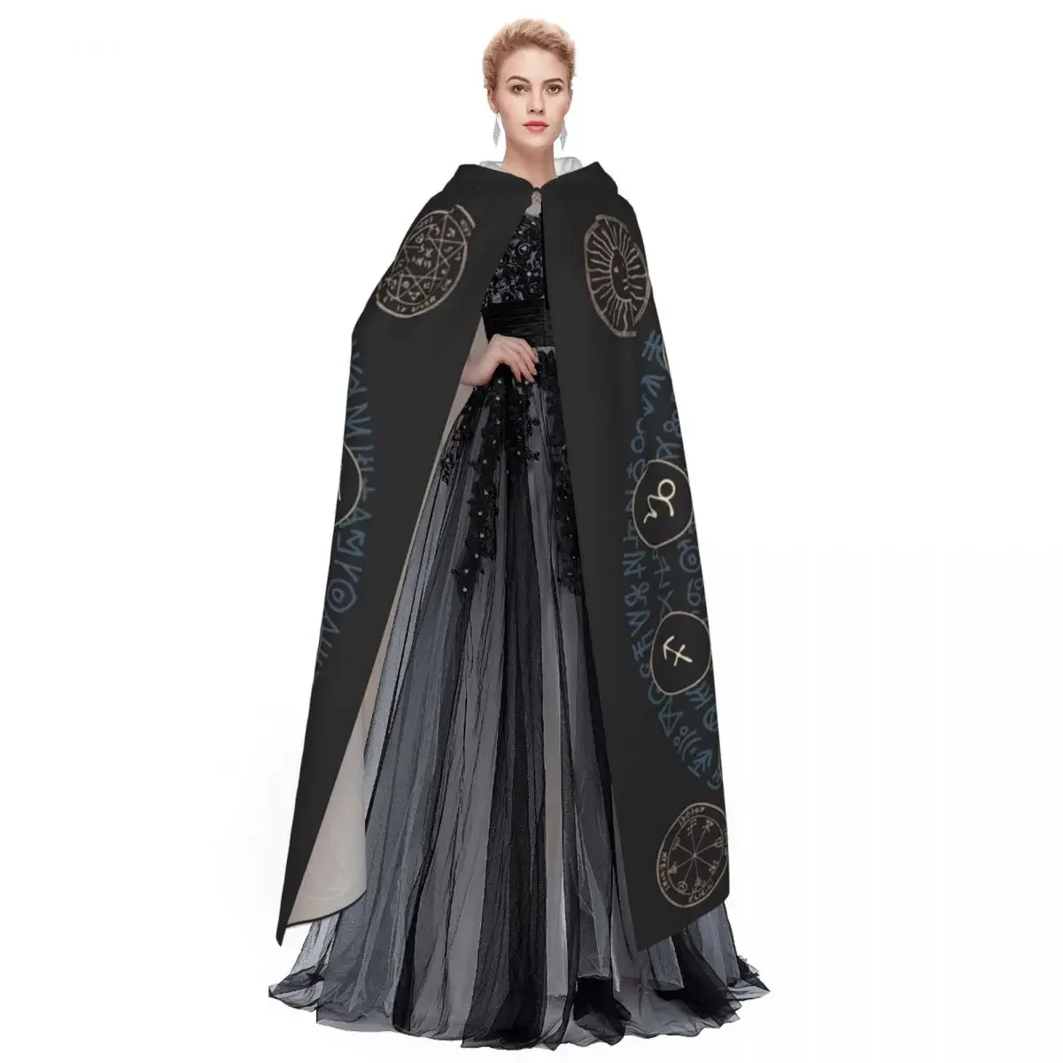 Horoscope Wheel With Zodiac Signs Long Hooded Cloak Witch Medieval Costume Cosplay Cape HalloweenParty Adult Unisex