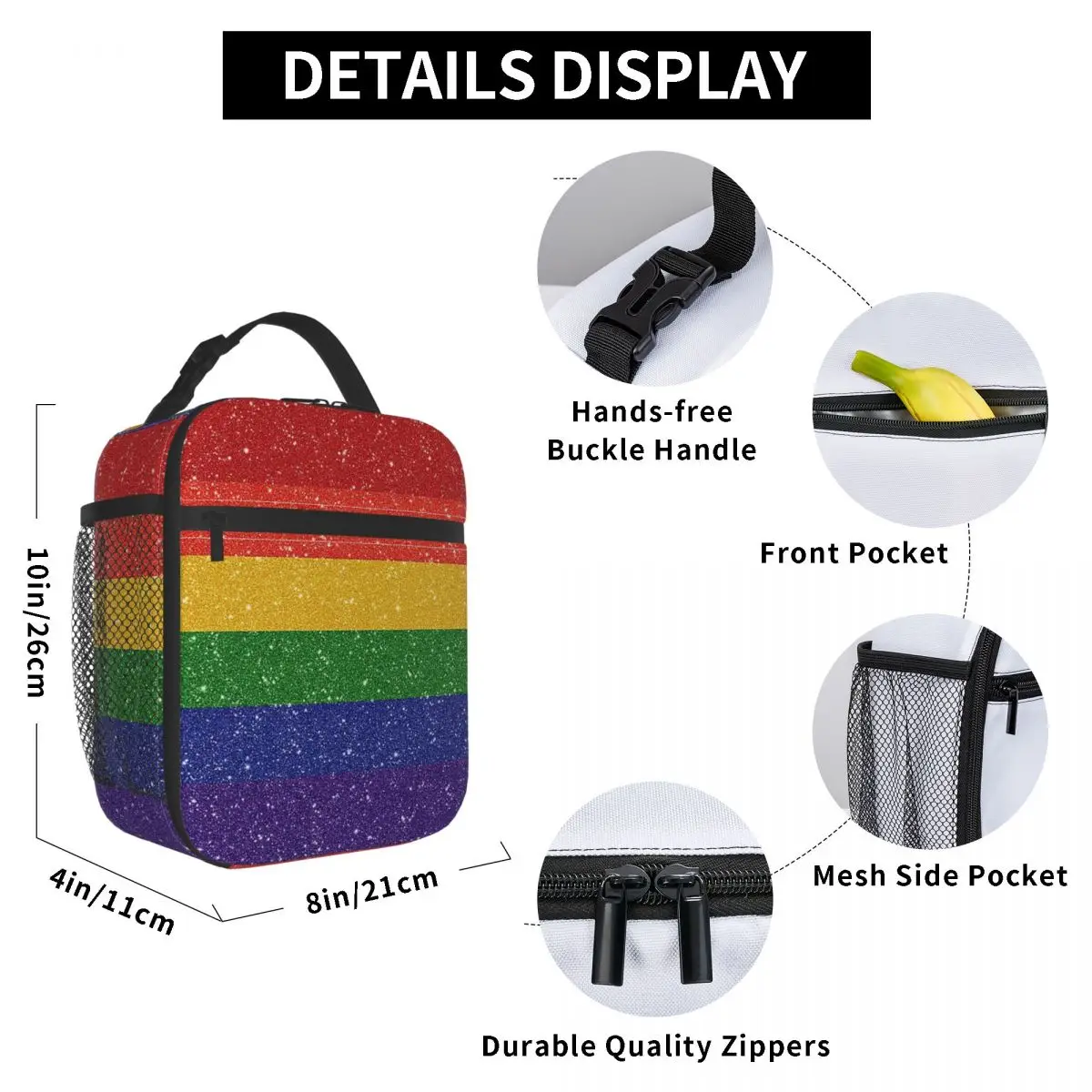 Faux Glitter LGBTQ Pride Rainbow Flag Background Insulated Lunch Bag Cooler Thermal Food Box Tote Portable Lunch Boxes Container