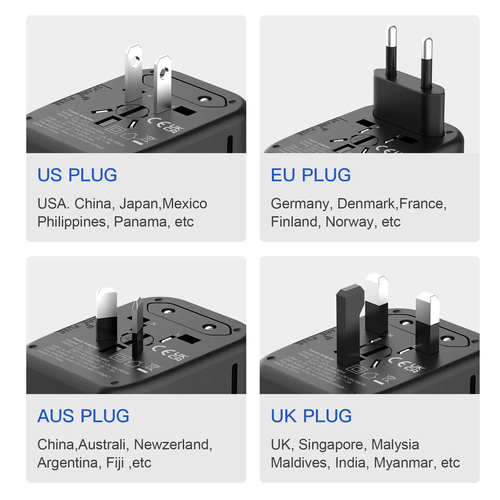Adaptador de viaje Universal todo en uno, cargador de viaje con 2 puertos USB y 2 cargadores de pared tipo C para EE. UU., UE, Reino Unido, AUS,