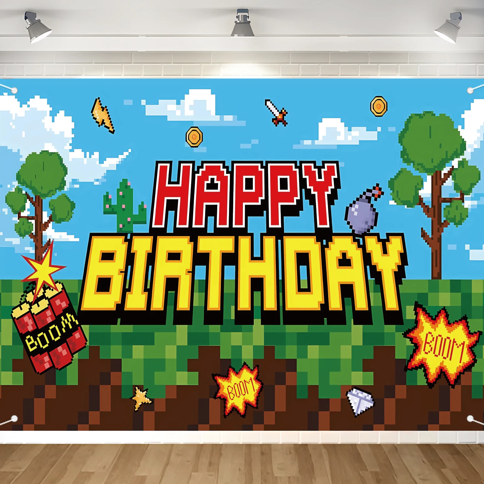 Décoration de fête d'anniversaire Pixel, arrière-plan de jeu vidéo minier, bannière de photographie sur le thème du mineur pour fête d'anniversaire