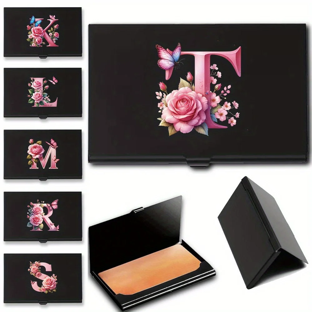 

Pocket Business Card Organizer Box Portable Credit ID Cards Purse Metal Card Holder Waterproof Pink Butterfly Letter Pattern