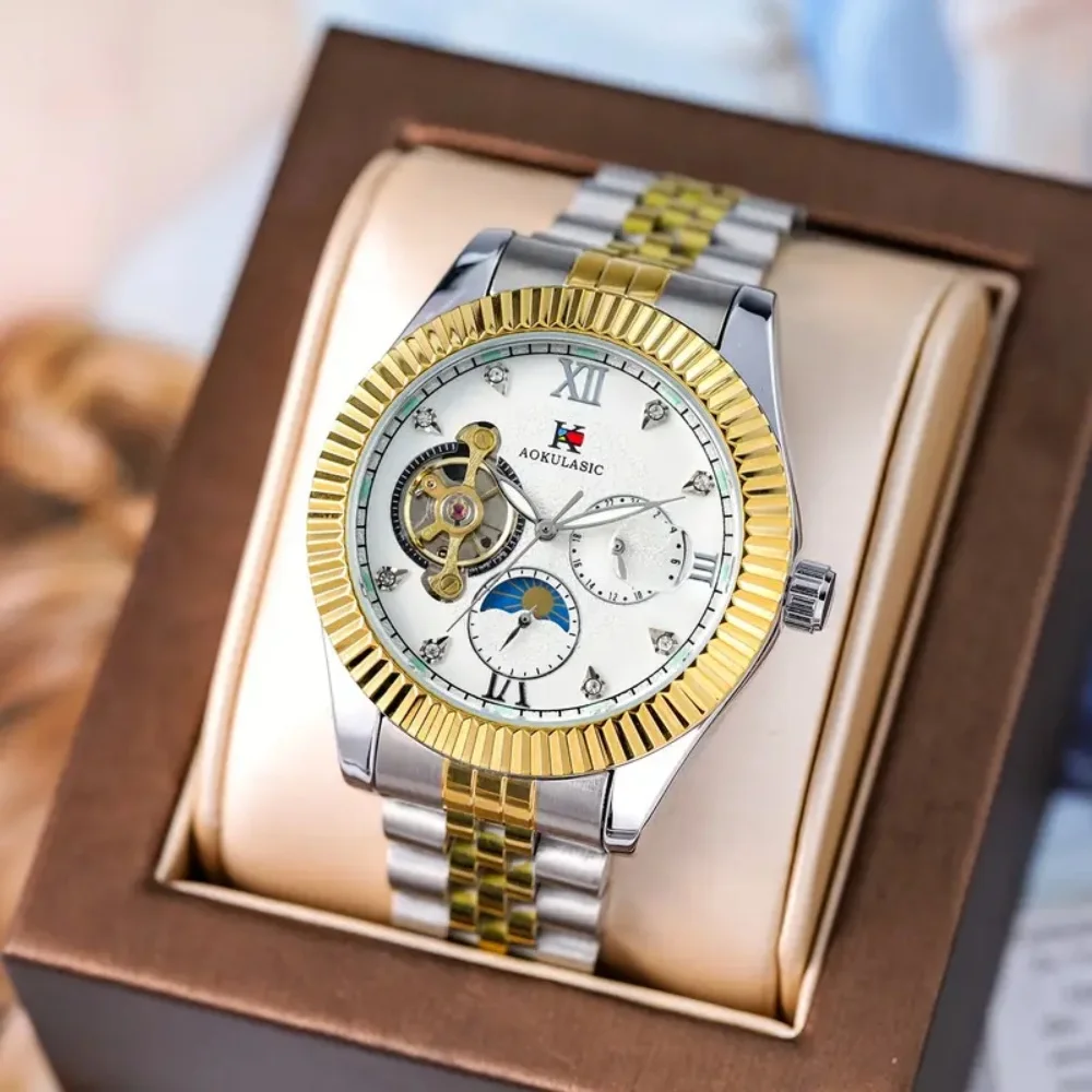 

Лучшие роскошные автоматические механические мужские часы с фазой Луны в виде скелета, ремешком из нержавеющей стали, модным повседневным деловым подарком