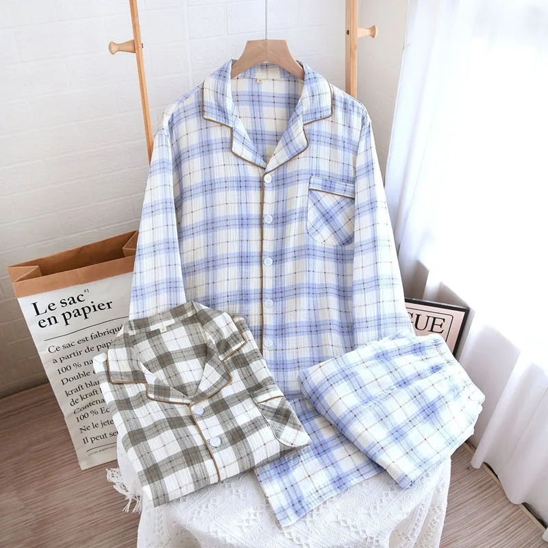 Adult Men's Pajamas Casual Plaid Long Sleeve Trousers Set Pure Cotton Male Sleepwear Pijamas Suit Autumn Winter Home Clothing