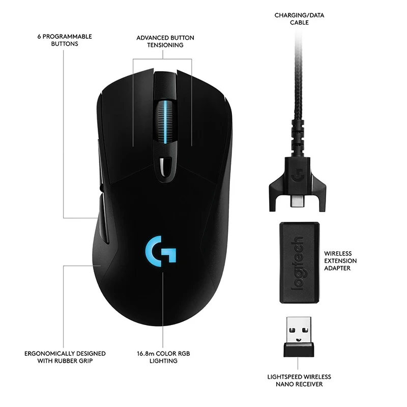 Logitech G703 Lightspeed Wireless Gaming Mouse Hero 25K Sensor Lightsync RGB Lightweight 95G+10G Optional