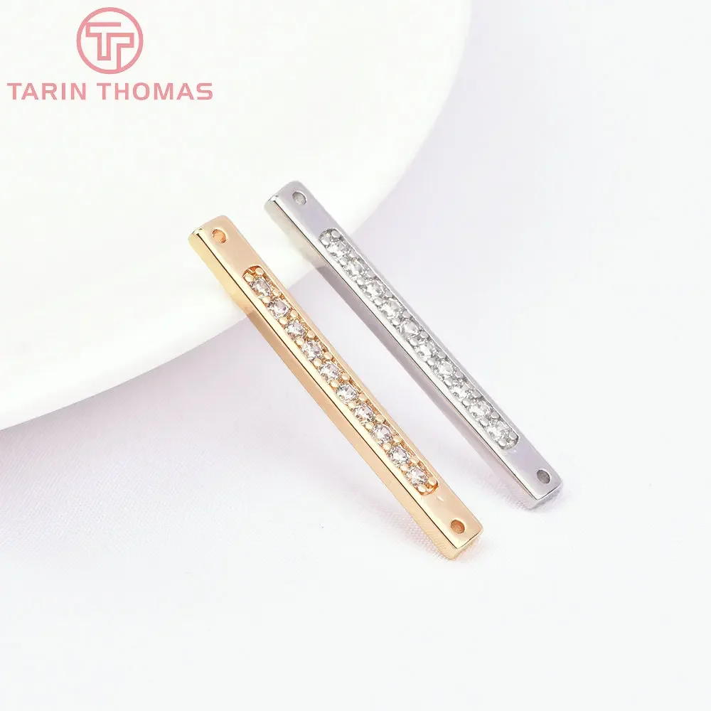 (7559) 4PCS 4x32MM 24K Gold Color Brass with Zircon Long Strip Charms Pendants High Quality Jewelry Making Findings Accessories