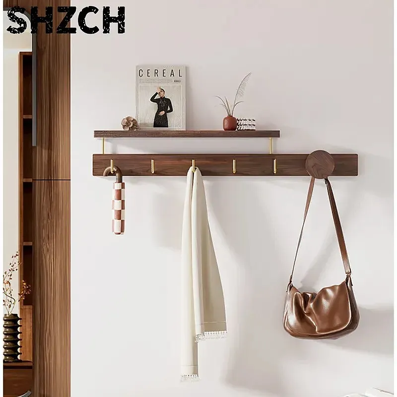 No Punching Black Walnut Wood Coat Rack Creative Living Room Storage Hanger for Bags