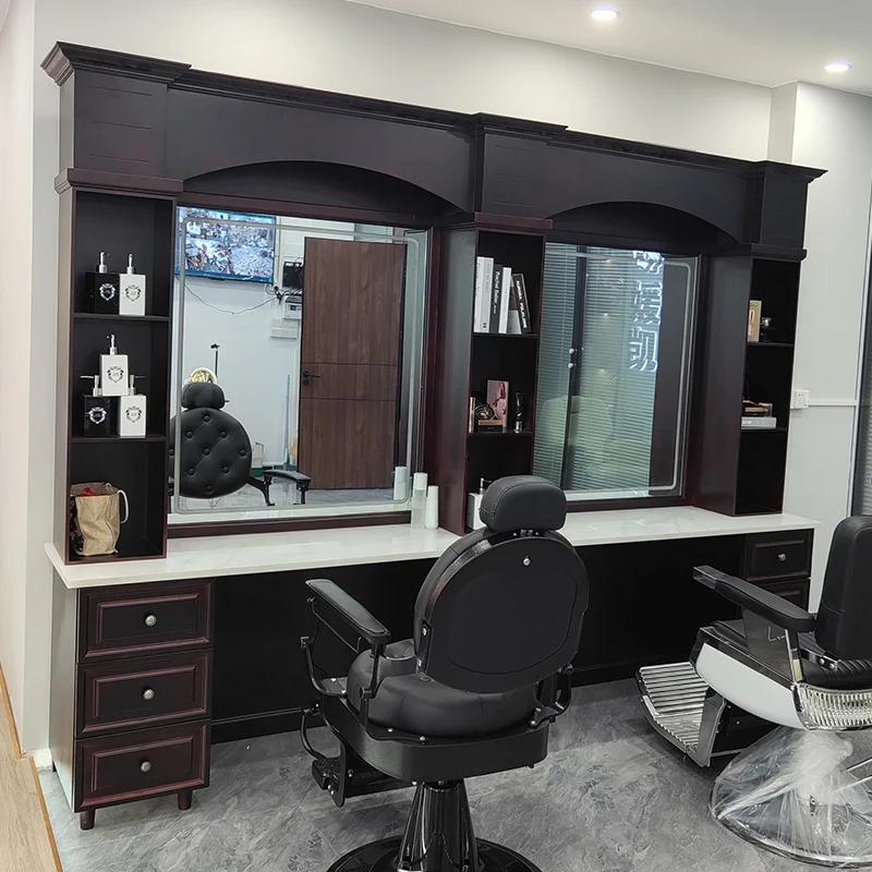 Men's special mirror table barber shop cut hair ironing dye mirror solid wood with LED light mirror