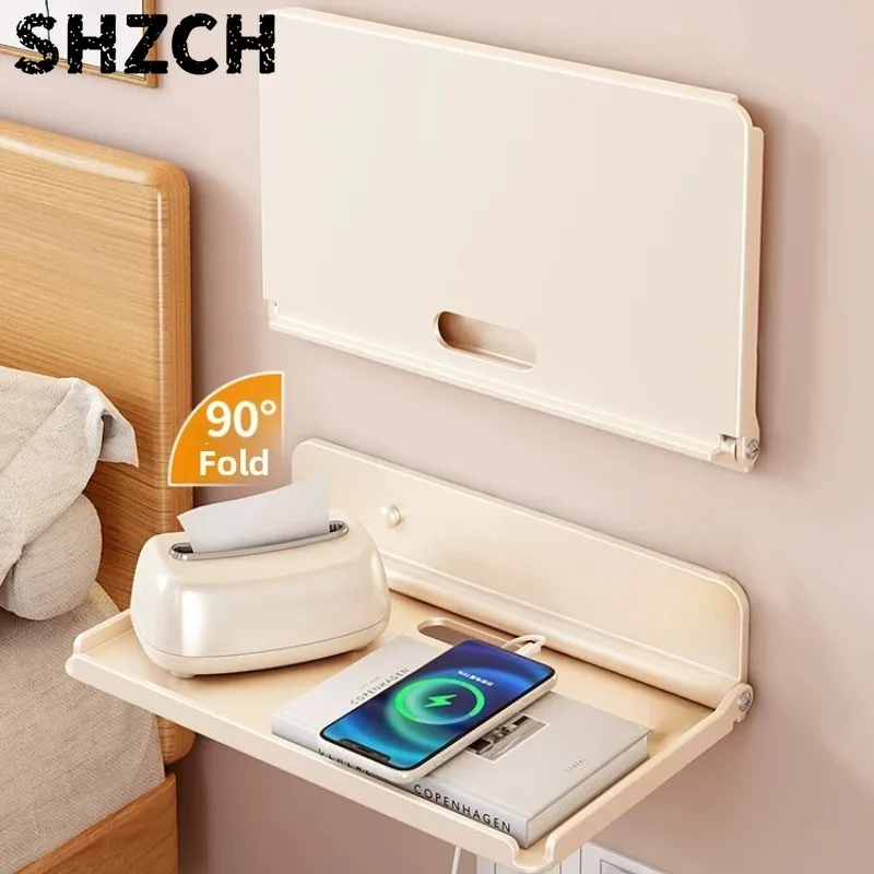 No Drill Foldable Bedside Rack, Wall Mount Nightstand Replacement,Space Saving Hidden Table,90 Degree Wide Thick Shelf Organizer