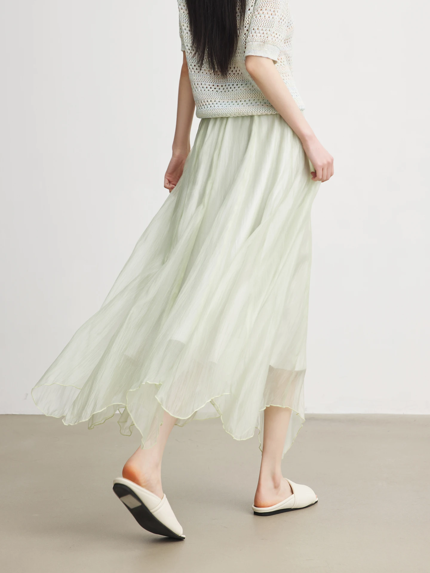 

Annata Green Petal Half Skirt Women's Summer Thin Drifting Gentle Long Skirt High Waist A-Line Polyester Nylon Blend