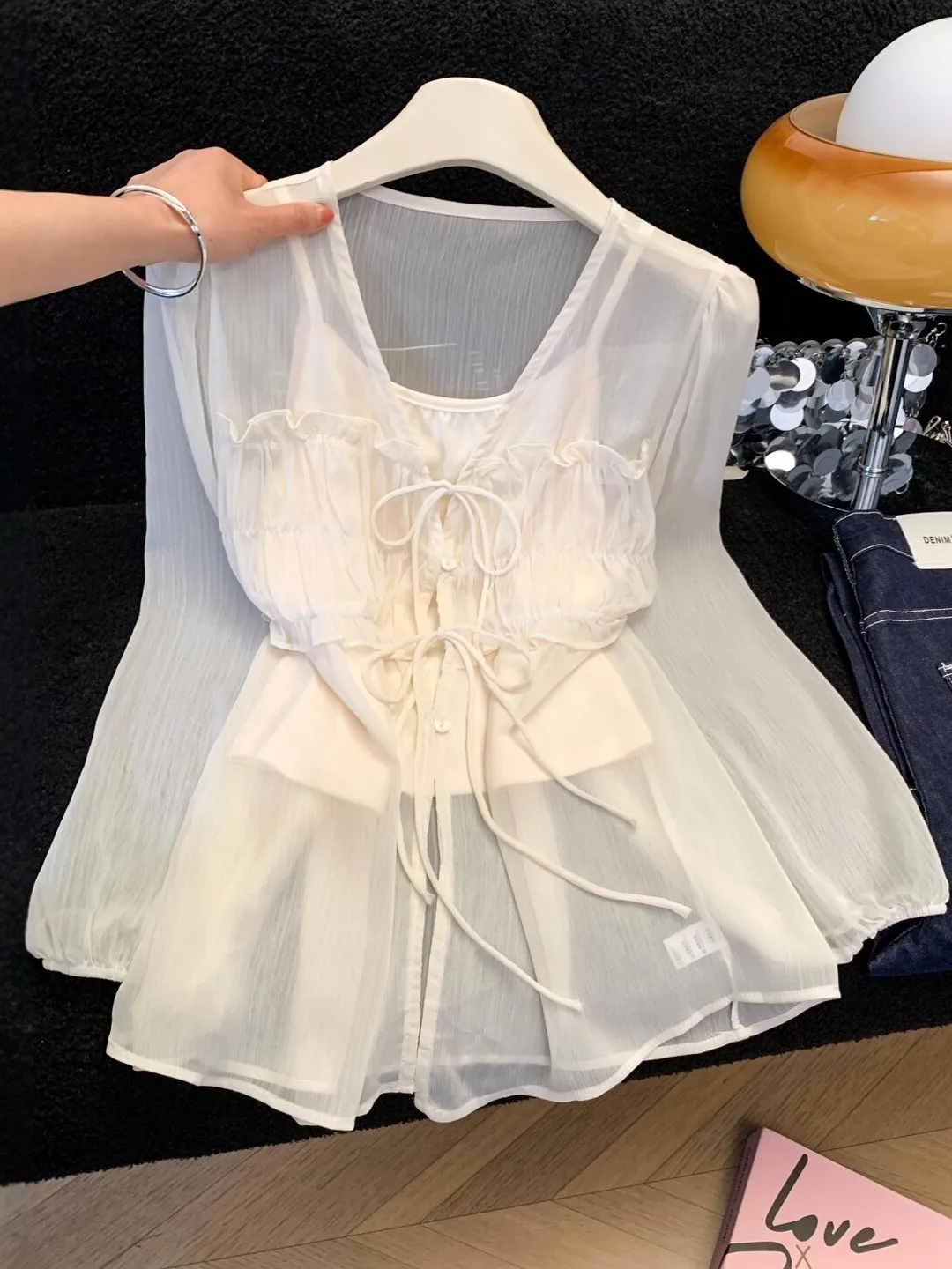 

French Style V-Neck Long Sleeve Chiffon Shirt Women Summer with Strap Transparent Thin Veil Sun Protection Cover up Cardigan