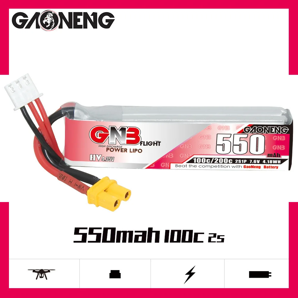 GNB 2S 7.6V 550mAh 100C/200C Drone Lipo Battery With XT30 for Tinyhawk FPV Drone Airplane Parts 7.6V Rechargeable Battery