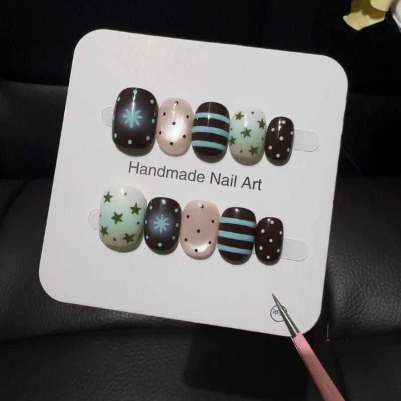 10PCS Retro Brown Short Squoval Handmade Press on Nails Mint Sweet Polka Dot Star False Nails Blue Stripe Pink Cat Eye Nail Tips