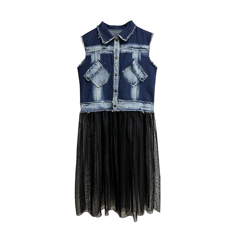 Tannt femmes robe maille épissure irrégulière longue Denim robes mosaïque décontracté noir bleu sans manches longues robes femmes 2025 nouveau