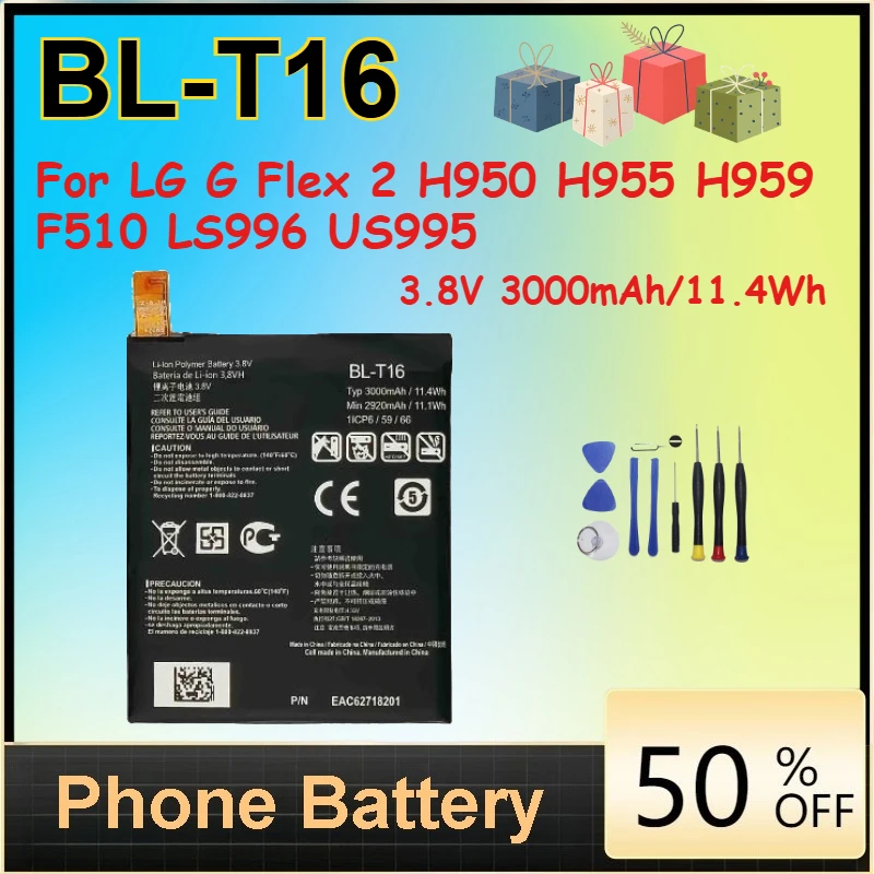 

2 pcs 3.8V 3000mAh/11.4Wh BL-T16 Li-Ion Battery for LG G Flex 2 H950 H955 H959 F510 LS996 US995 Mobile Phone Batteries + Tools