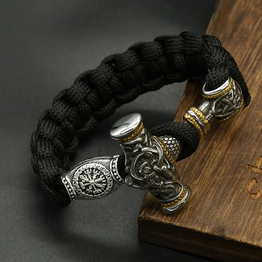 Stainless Steel Mens Viking Mjolnir Leather Bracelet Thor hammer Wristband Norse Runes vegvisir Amulet Handmade Jewelry Gifts