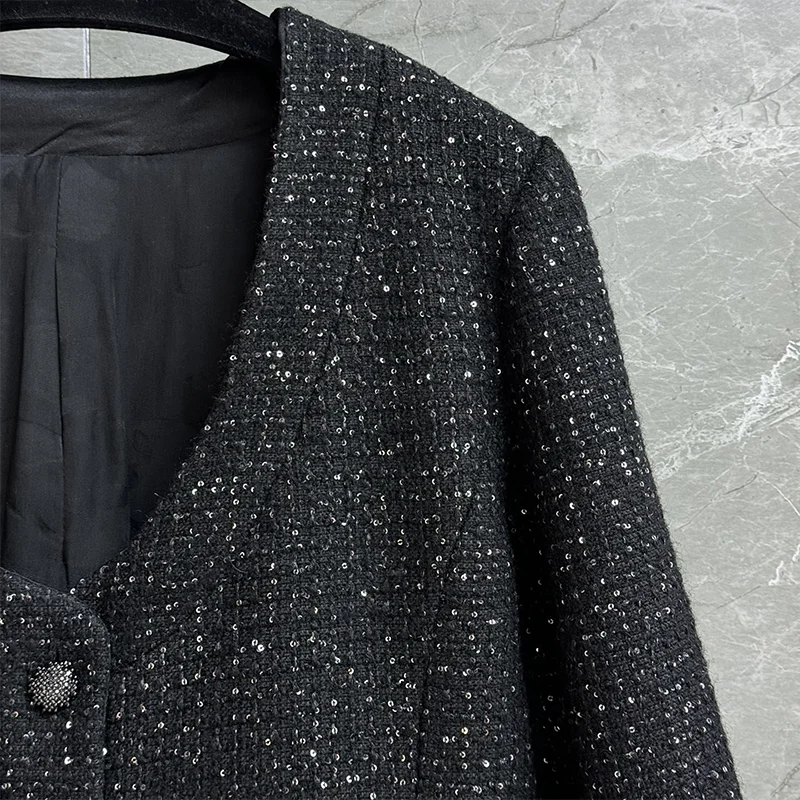 Wysokiej jakości tweedowy płaszcz damski z dekoltem w kształcie litery U, zdobiony cekinami, w stylu koreańskim, modna i stylowa kurtka 251107110