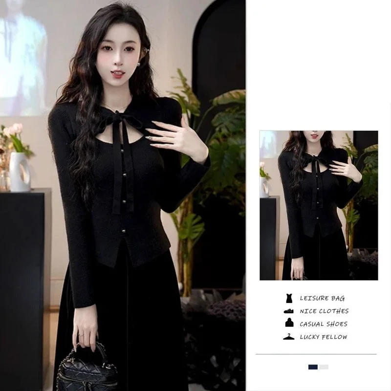 Bow Fake Two-piece Top with Stunning Design Hollow Out Slim Fit Long-sleeved Sweater