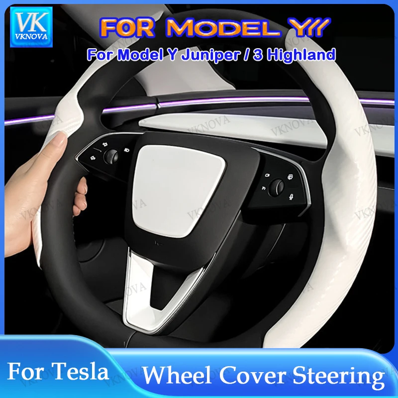 For Tesla Model Y L 3 Y Highland Juniper 2025 2026 Suede Car Steering Wheel Cover DIY Carbon Fiber Texture Sport Steering Wheel