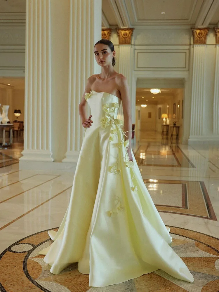 

LAYXHS Exquisite Strapless Formal Evening Dresses 3D Flowers A-Line Pleat Prom Dresses Customized فساتين سهرات