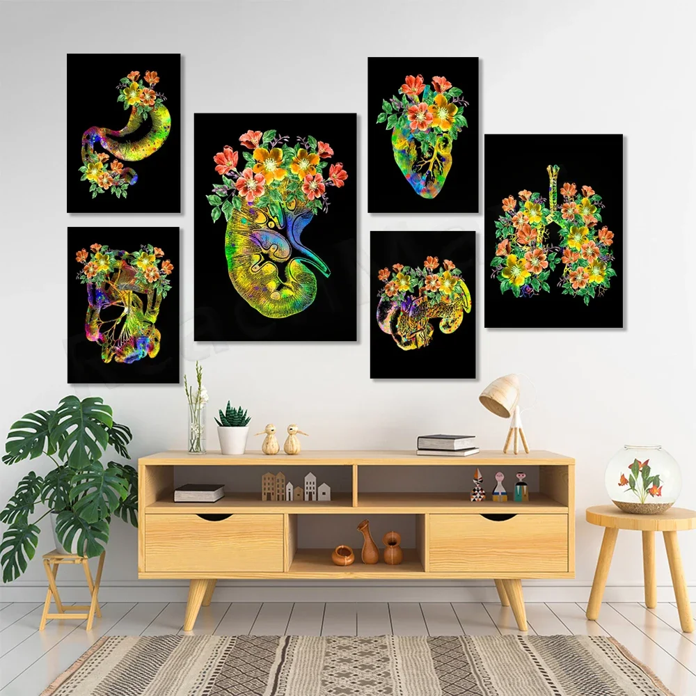 Watercolor Anatomy Flower Art Human Organs Anatomy Lung Heart Brain Wall Decor Surgeon Gift Doctor Office Decor Clinic Art