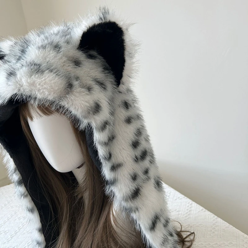 1PC Winter Snow Leopard Print Hat Kawaii Plush Boots Socks Cover Gothic Cap Leg Warmers Performance Costume Bomber Hats