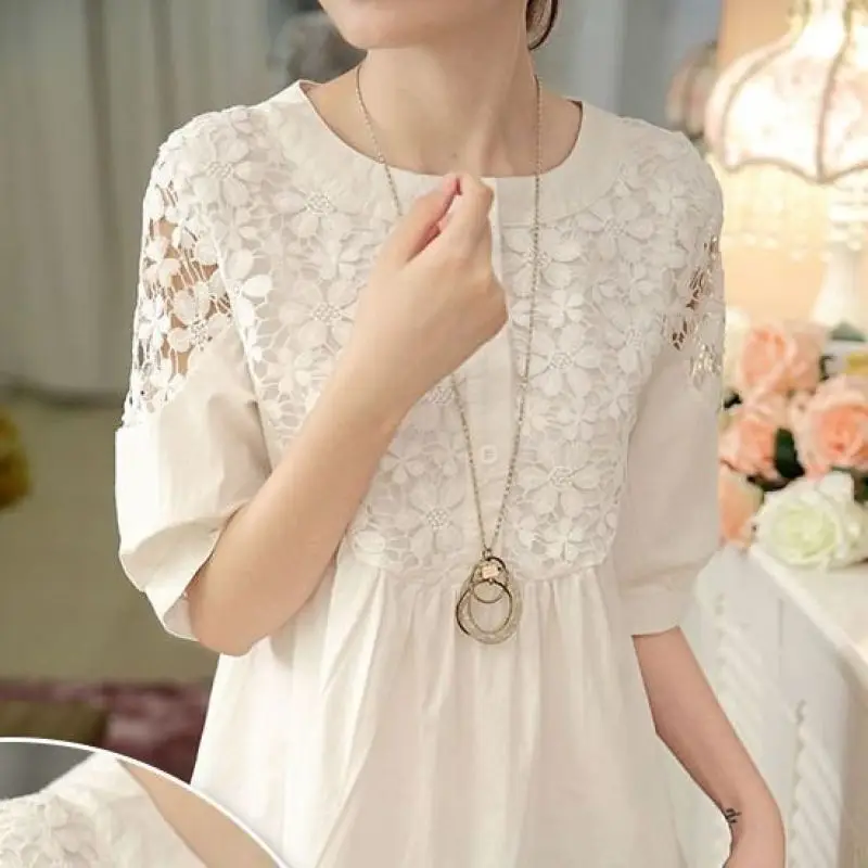 Elegant Fashion Solid Hollow Out Lace Chiffon Shirt Summer 2023 New Streetwear O-Neck Short Sleeve Loose Pullover Women Clothing