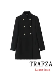 TRAFZA Vintage Chic Black Solid Women Overcoat Double Breasted Oversized Long Jacket New Fashion 2024 Jesień Zima Grube płaszcze