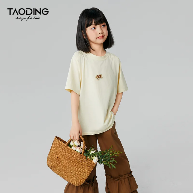 Baby Girl Top Girls T-shirt Summer 2024 New Pure Cotton Cute Loose High-grade Bow Solid Color Fashion Comfort Short Sleeve